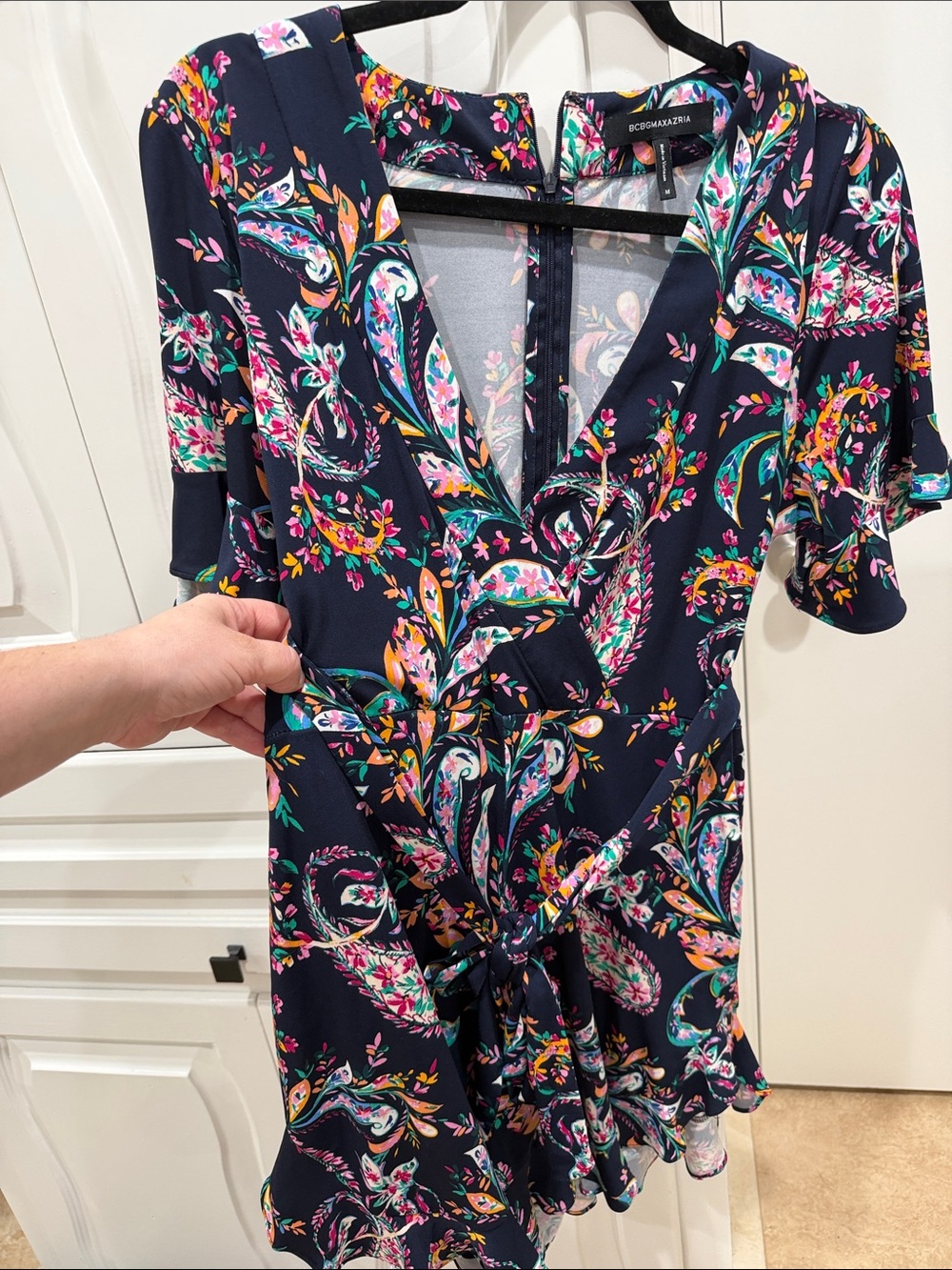 BCBGMaxAzria Navy Paisley Floral Jumpsuit with Waist Tie
